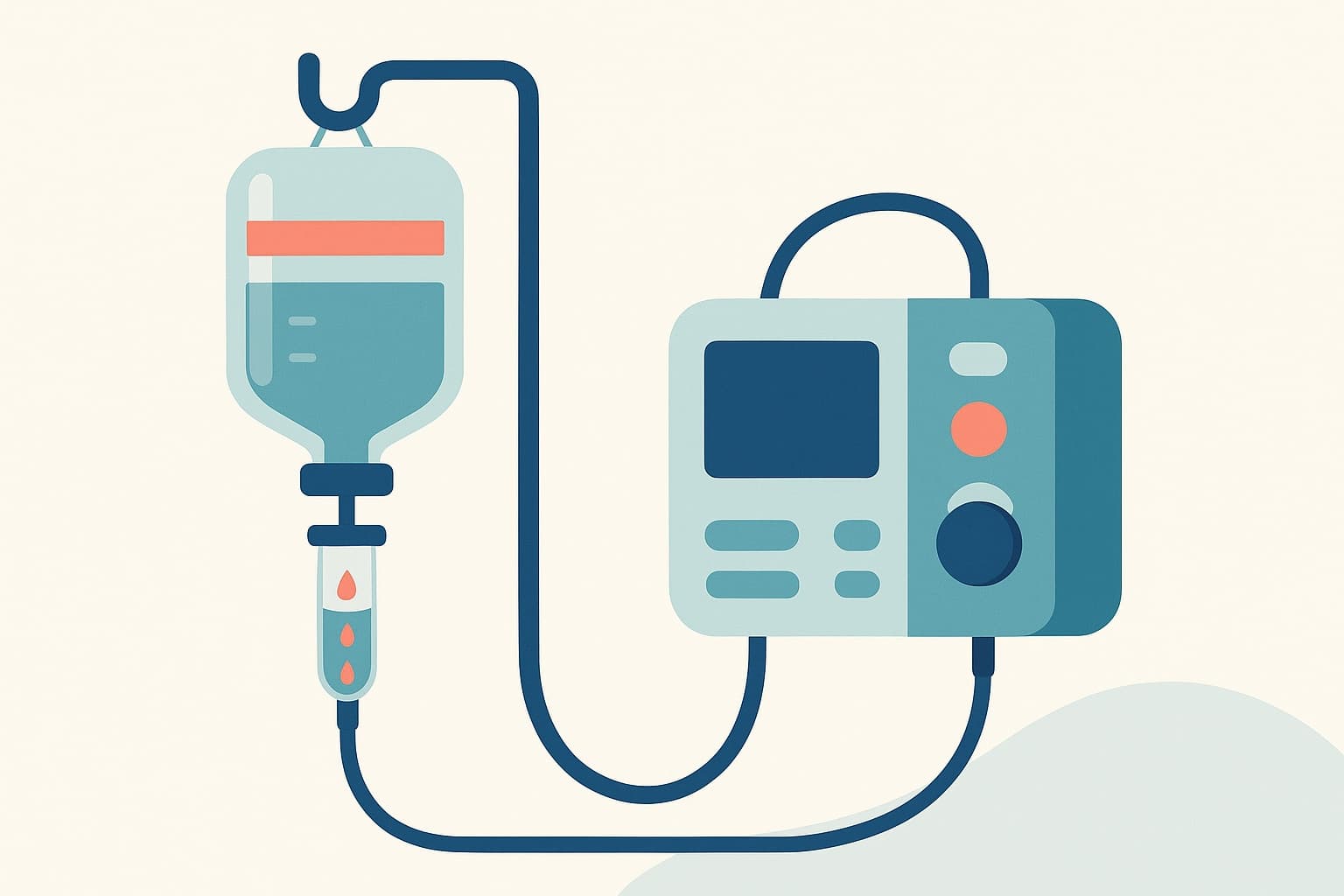 Illustration av infusionsberäkningens två världar: infusionspåse med droppkammare för droppar per minut och infusionspump för milliliter per timme