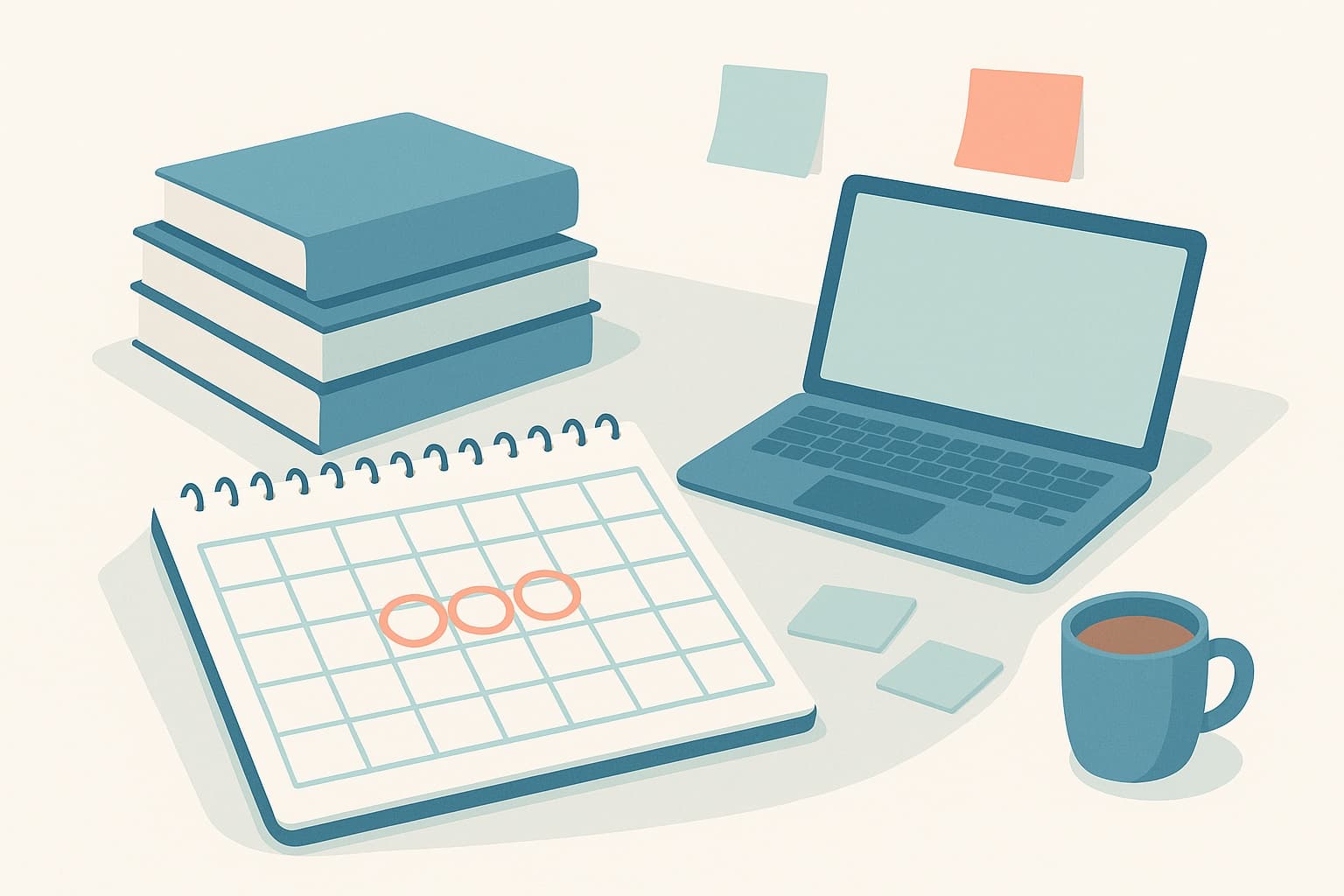 Illustration av pluggplanering inför NKSE 2026: kalender med inringade provdagar, kurslitteratur, laptop och kaffekopp på ett skrivbord