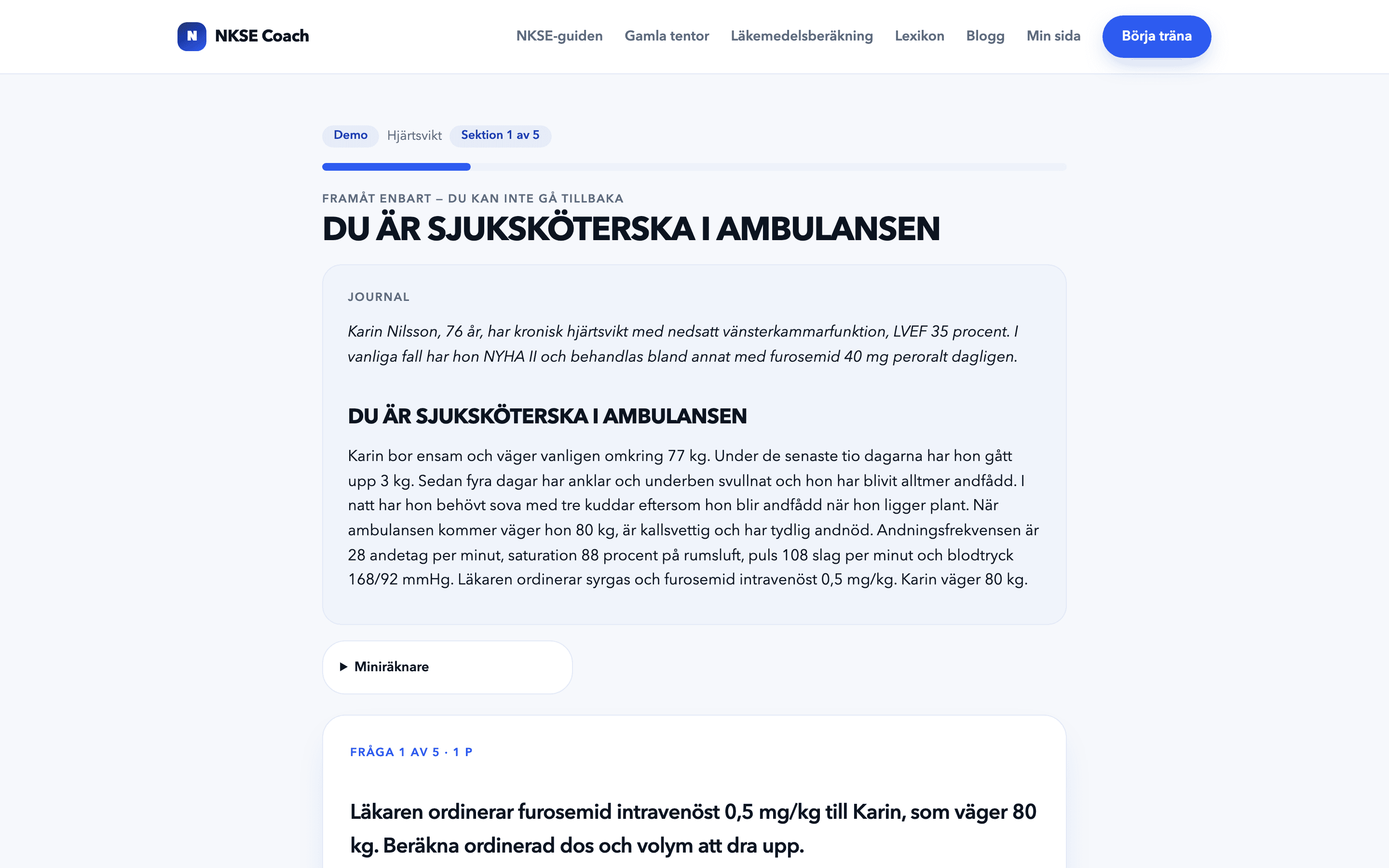 AI-genererat NKSE-patientfall i MEQ-format i NKSE Coach — frågorna visas steg för steg