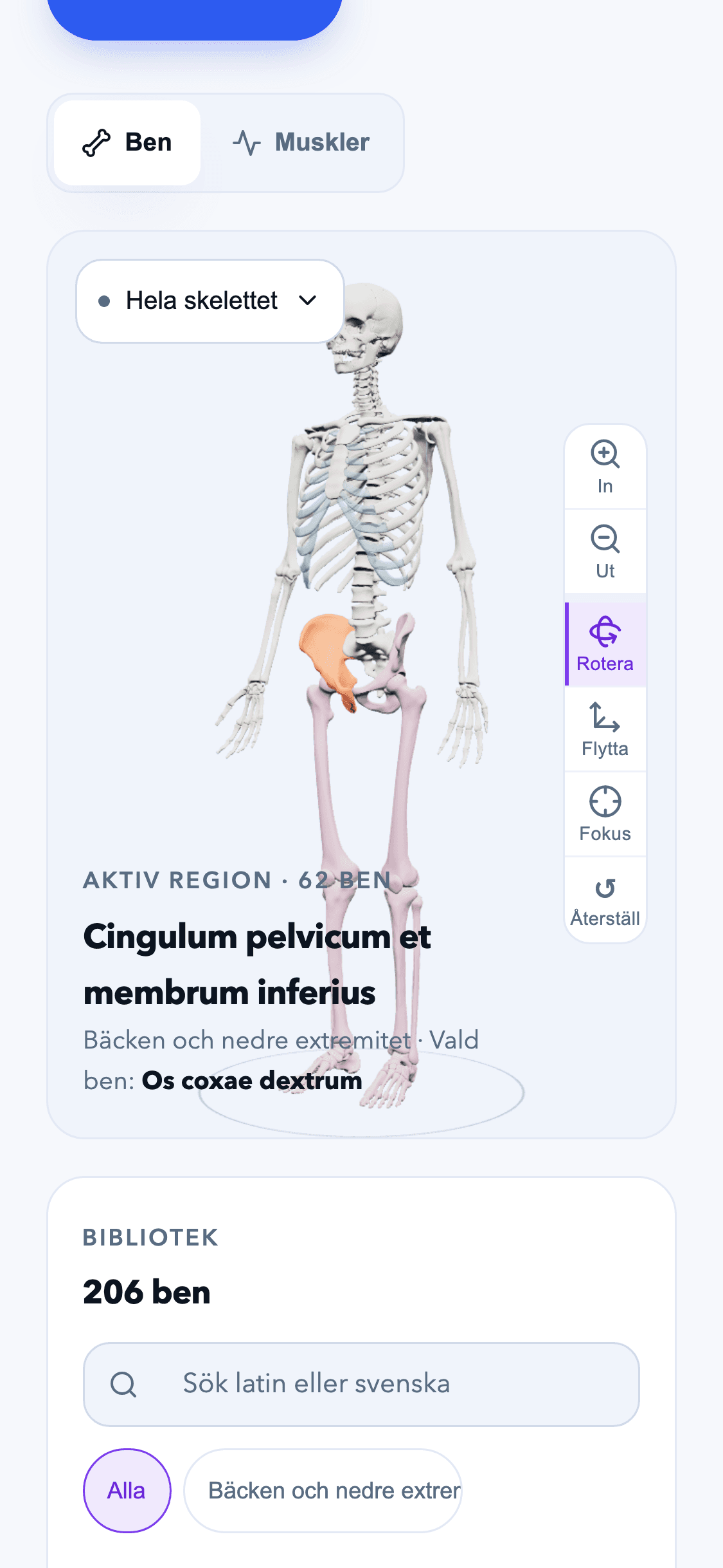 3D-anatomiatlasen i SSK-appen — skelettet med bäckenet markerat, rotations- och zoomkontroller och biblioteket med 206 ben