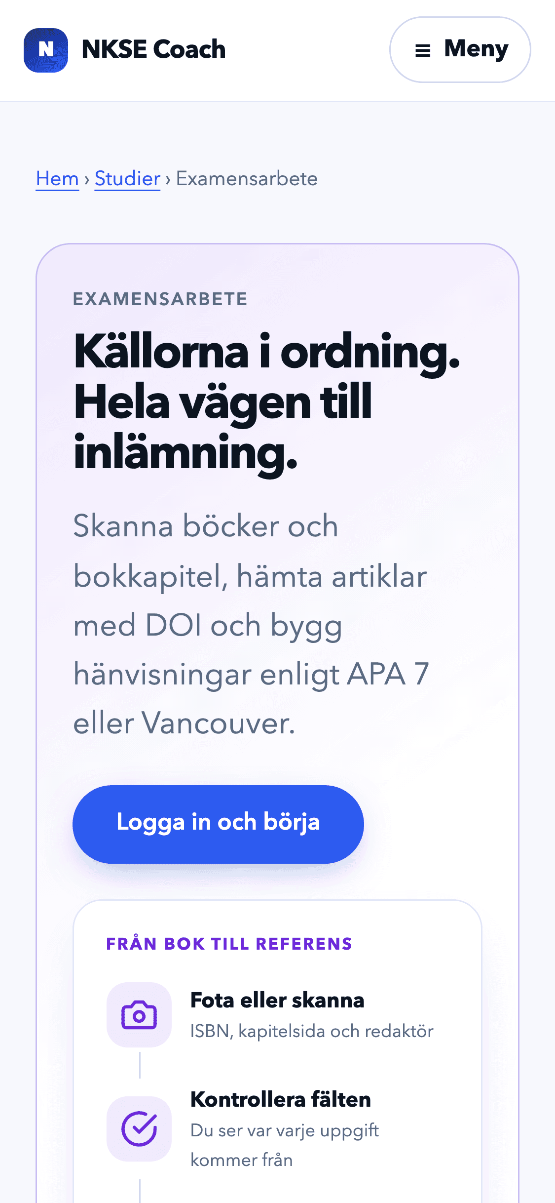 Examensarbetesrummet i SSK-appen — skanna böcker, hämta artiklar med DOI och bygg referenser enligt APA 7