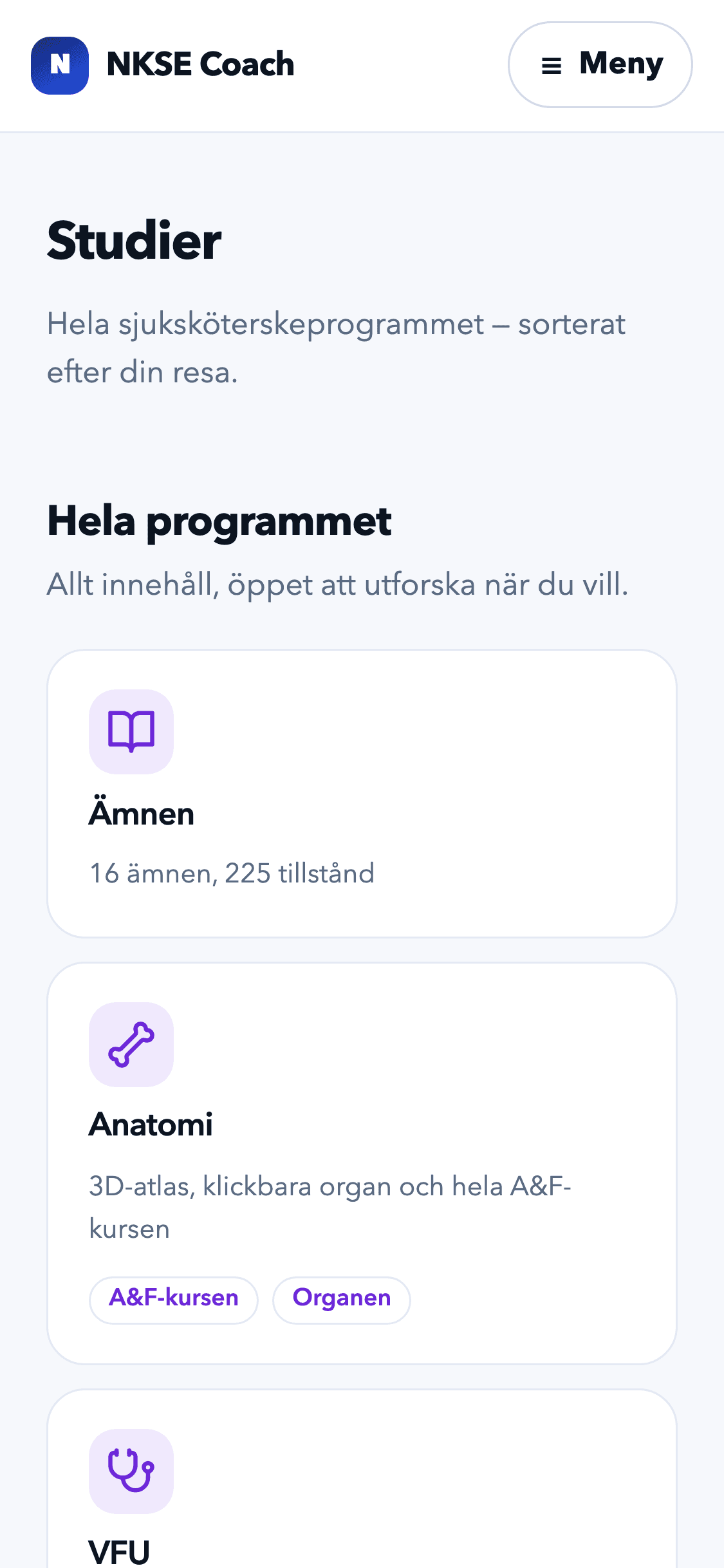 Studier-rummet i SSK-appen — hela sjuksköterskeprogrammet med ämnen, anatomi och VFU sorterat efter din resa